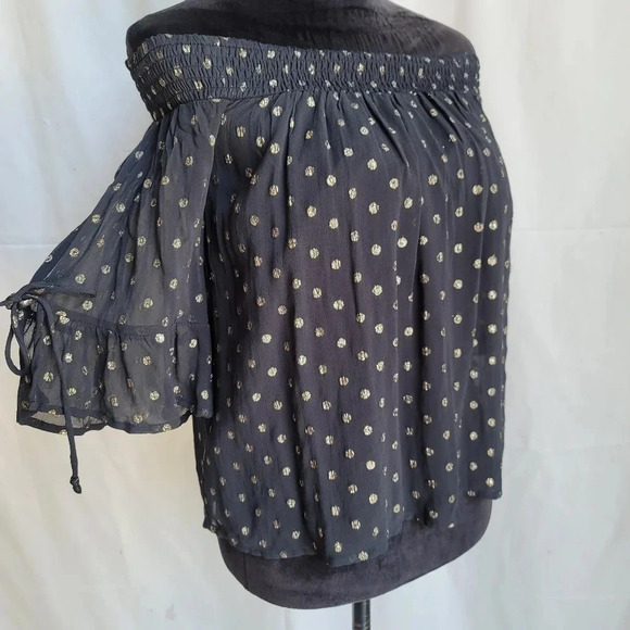 Abercrombie & Fitch Gold Polka Dot Top Off Shoulder Open Tie Sleeve Blouse Sz S - Picture 10 of 10